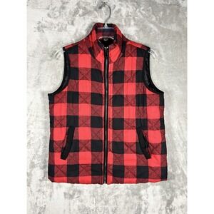 Womens Red & Black Size Small Lightly Quilted Vest Full Zipper Plaid Sleeveless